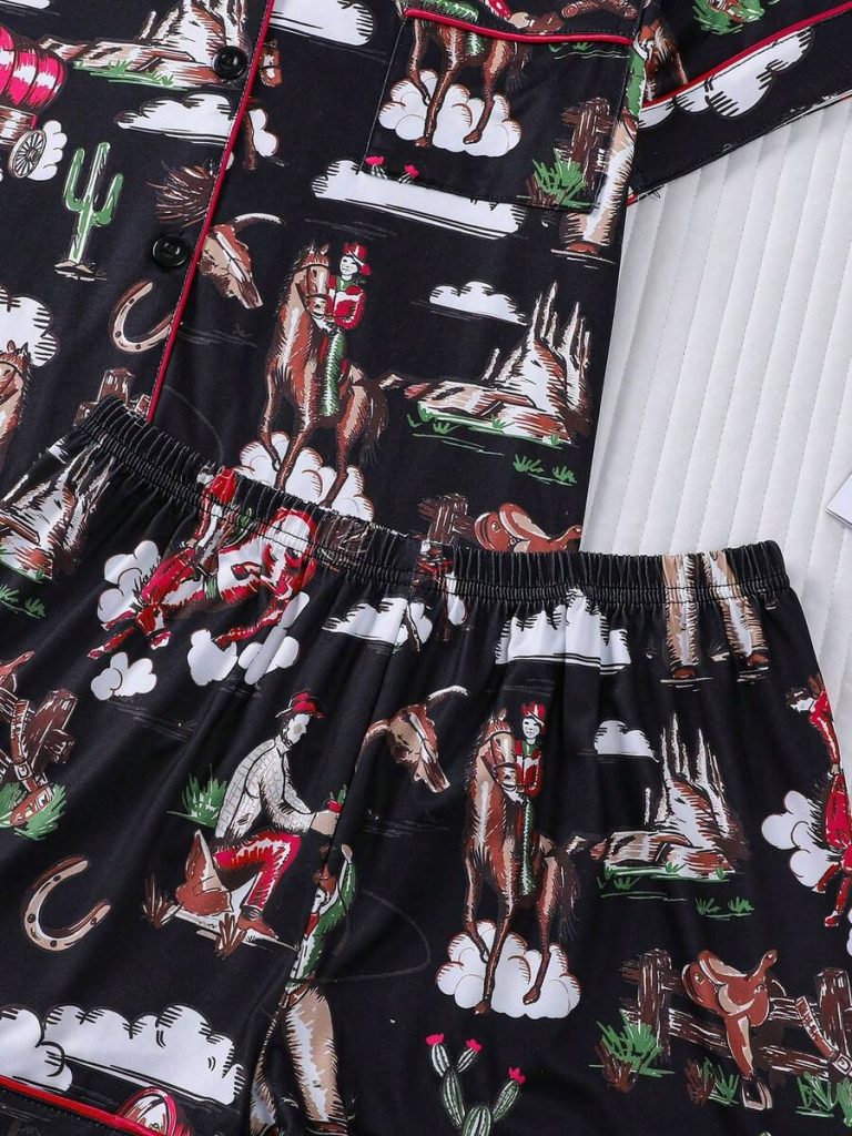 2pcs Women Western Cowgirl & Wagon Print Sleepwear Set, Elastic Waist, Cartoon Pattern, Short Sleeve Top And Shorts, Comfortable For All Seasons - Image 18