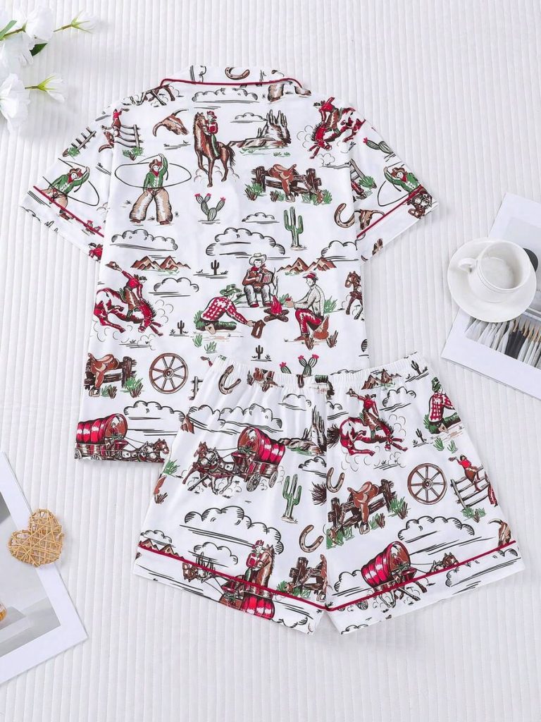 2pcs Women Western Cowgirl & Wagon Print Sleepwear Set, Elastic Waist, Cartoon Pattern, Short Sleeve Top And Shorts, Comfortable For All Seasons - Image 23