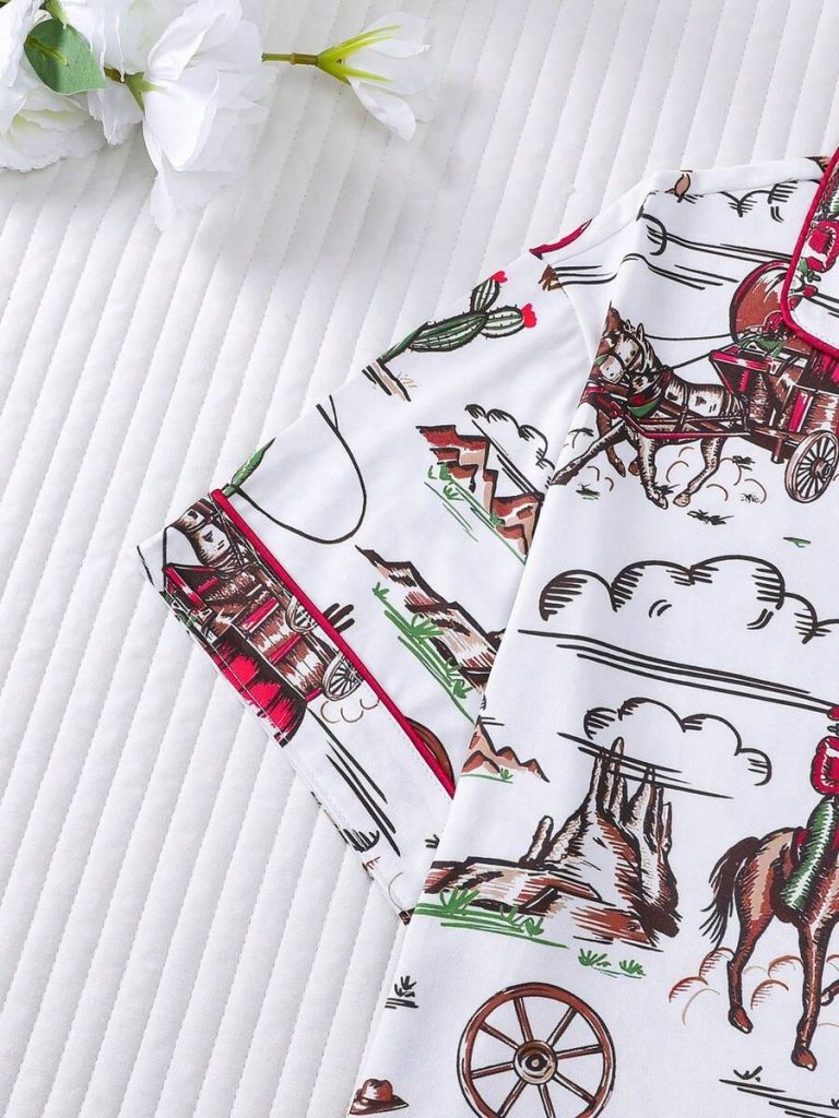 2pcs Women Western Cowgirl & Wagon Print Sleepwear Set, Elastic Waist, Cartoon Pattern, Short Sleeve Top And Shorts, Comfortable For All Seasons - Image 26