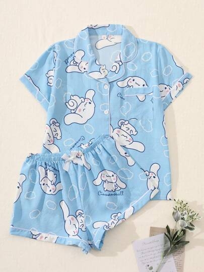 Sanrio Sanrio Authorized 2Pcs/Set Women's Cinnamoroll Printed Lapel Collar Button Short Sleeve Single-Breasted Top And Bow Shorts Pajama Set, Summer Pajama Set, Comfortable For Home Use, Two Pieces Set, Cool Light Blue