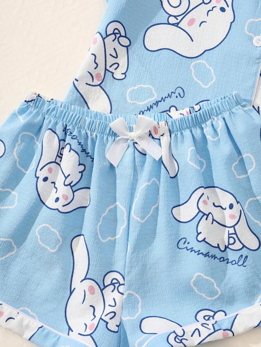 Sanrio Sanrio Authorized 2Pcs/Set Women's Cinnamoroll Printed Lapel Collar Button Short Sleeve Single-Breasted Top And Bow Shorts Pajama Set, Summer Pajama Set, Comfortable For Home Use, Two Pieces Set, Cool Light Blue - Image 8