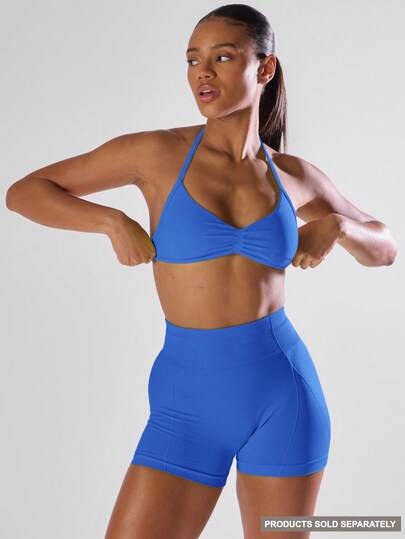 Musera Sport Solid Ruched Bust Open Back Halter Sports Bra , Active Comfy Workout Gym Running Run Clubpadel, Tennis, Pickleball