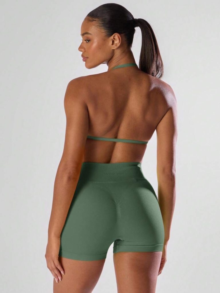 Musera Sport Solid Ruched Bust Open Back Halter Sports Bra , Active Comfy Workout Gym Running Run Clubpadel, Tennis, Pickleball - Image 3
