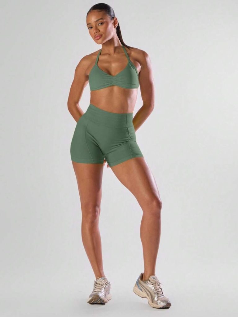 Musera Sport Solid Ruched Bust Open Back Halter Sports Bra , Active Comfy Workout Gym Running Run Clubpadel, Tennis, Pickleball - Image 4