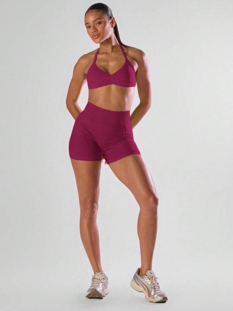 Musera Sport Solid Ruched Bust Open Back Halter Sports Bra , Active Comfy Workout Gym Running Run Clubpadel, Tennis, Pickleball - Image 34