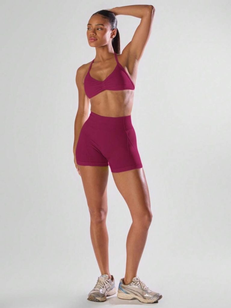 Musera Sport Solid Ruched Bust Open Back Halter Sports Bra , Active Comfy Workout Gym Running Run Clubpadel, Tennis, Pickleball - Image 36