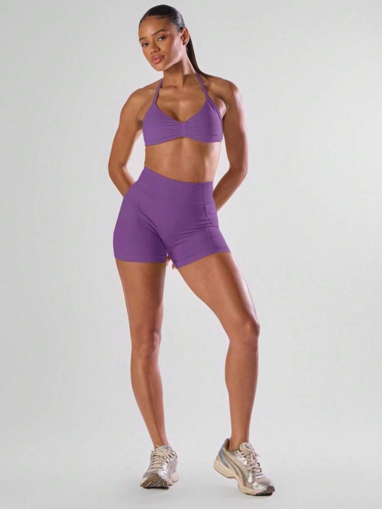 Musera Sport Solid Ruched Bust Open Back Halter Sports Bra , Active Comfy Workout Gym Running Run Clubpadel, Tennis, Pickleball - Image 52