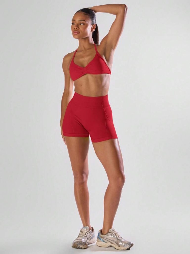 Musera Sport Solid Ruched Bust Open Back Halter Sports Bra , Active Comfy Workout Gym Running Run Clubpadel, Tennis, Pickleball - Image 60