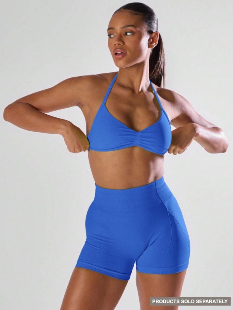 Musera Sport Solid Ruched Bust Open Back Halter Sports Bra , Active Comfy Workout Gym Running Run Clubpadel, Tennis, Pickleball - Image 62