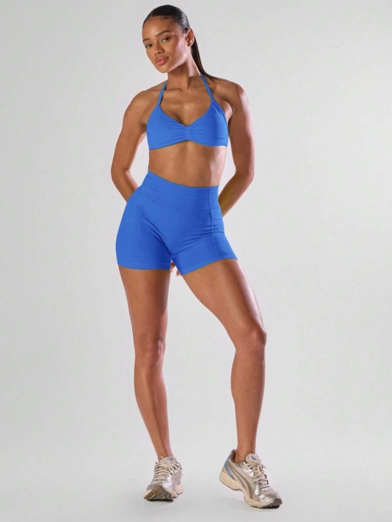 Musera Sport Solid Ruched Bust Open Back Halter Sports Bra , Active Comfy Workout Gym Running Run Clubpadel, Tennis, Pickleball - Image 64