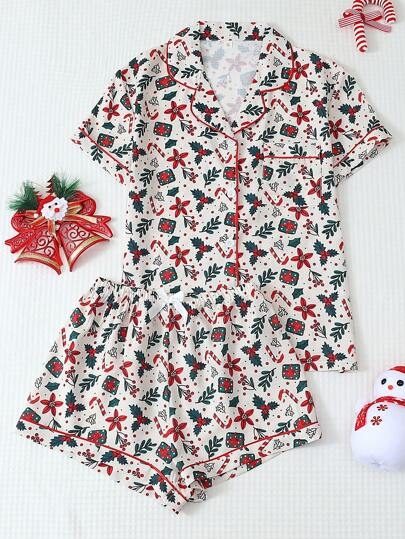 Women's Christmas Candy Cane Print Lapel Button Short Sleeve Top And Bow Shorts Pajama Set, Suitable For Christmas Home Use, Spring/Summer