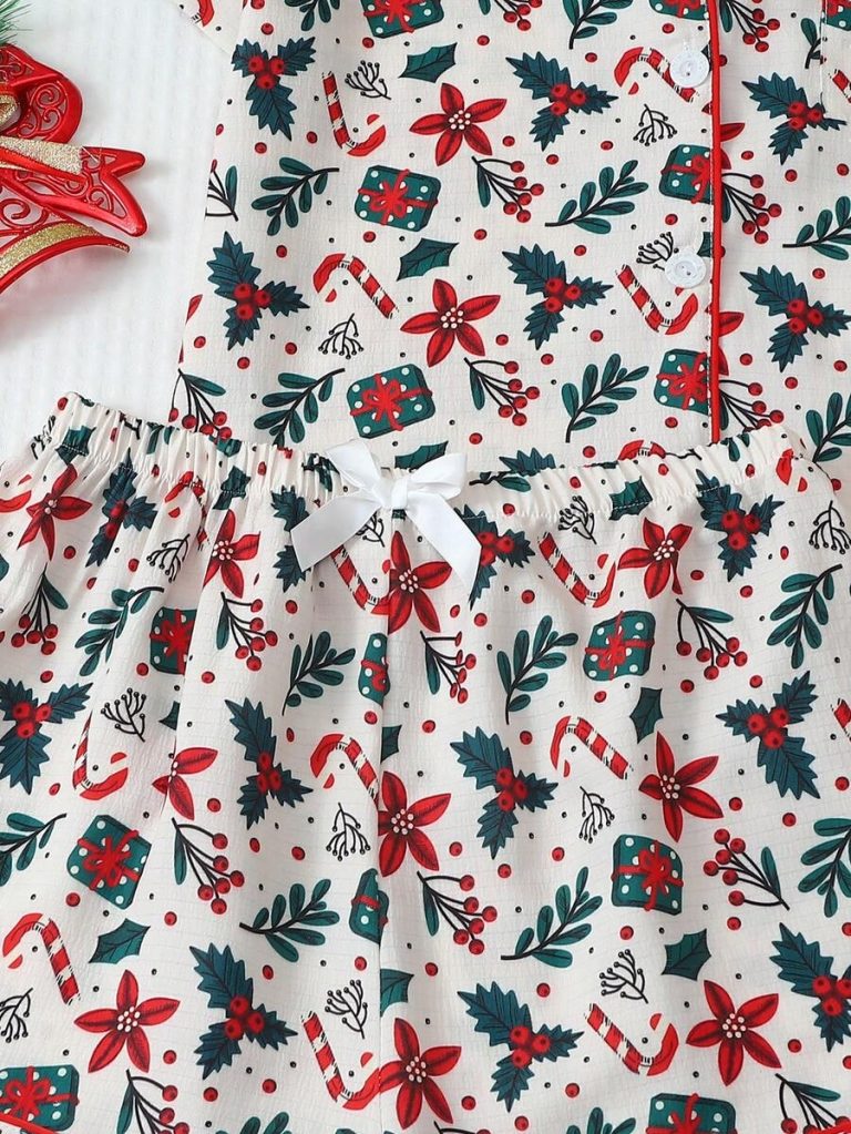 Women's Christmas Candy Cane Print Lapel Button Short Sleeve Top And Bow Shorts Pajama Set, Suitable For Christmas Home Use, Spring/Summer - Image 7