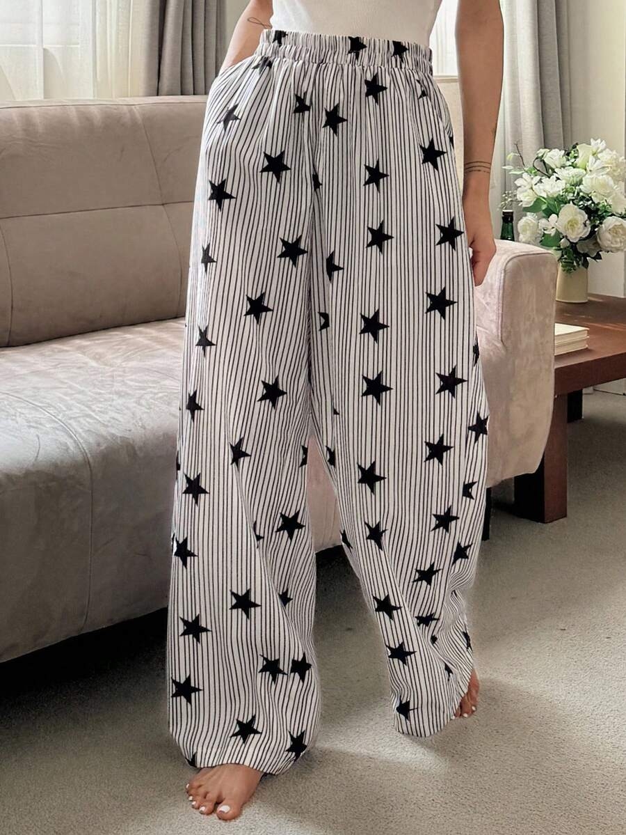 DAZY Striped & Star Print Loose Women Pajama Bottoms, Fall - Image 6