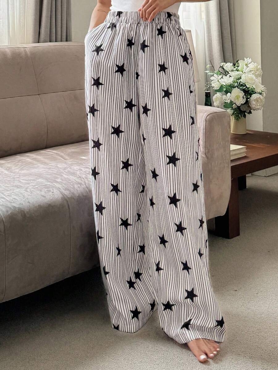 DAZY Striped & Star Print Loose Women Pajama Bottoms, Fall - Image 7
