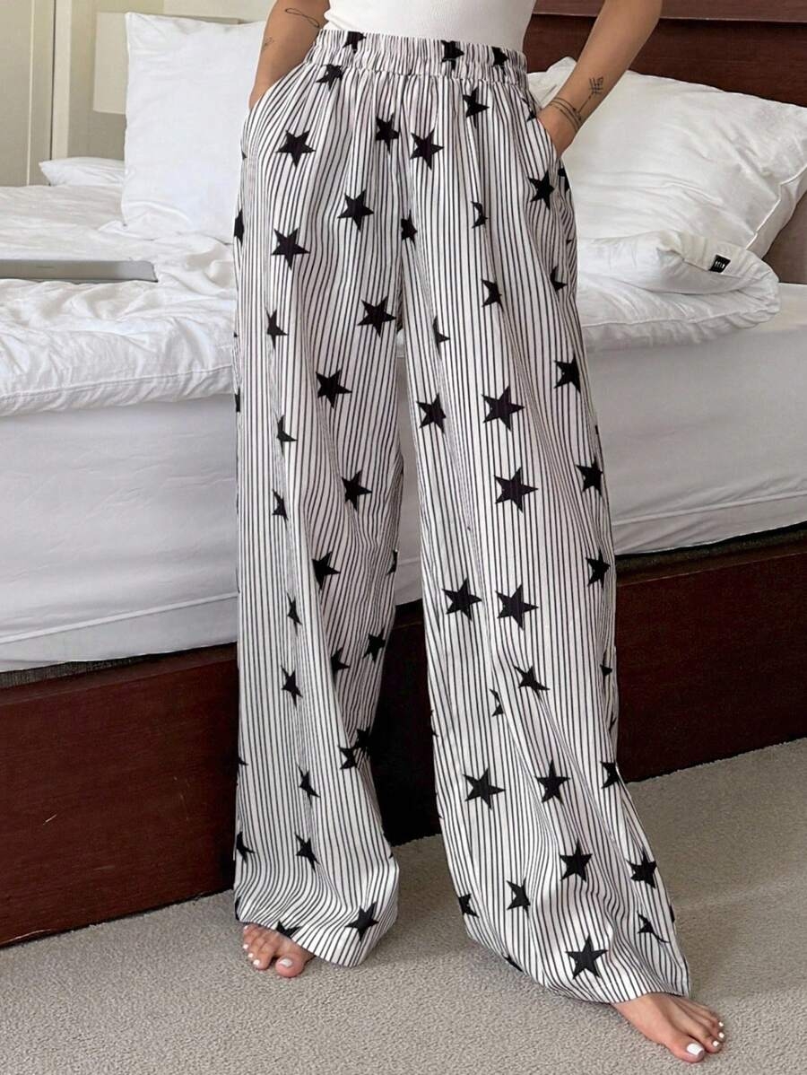 DAZY Striped & Star Print Loose Women Pajama Bottoms, Fall - Image 8