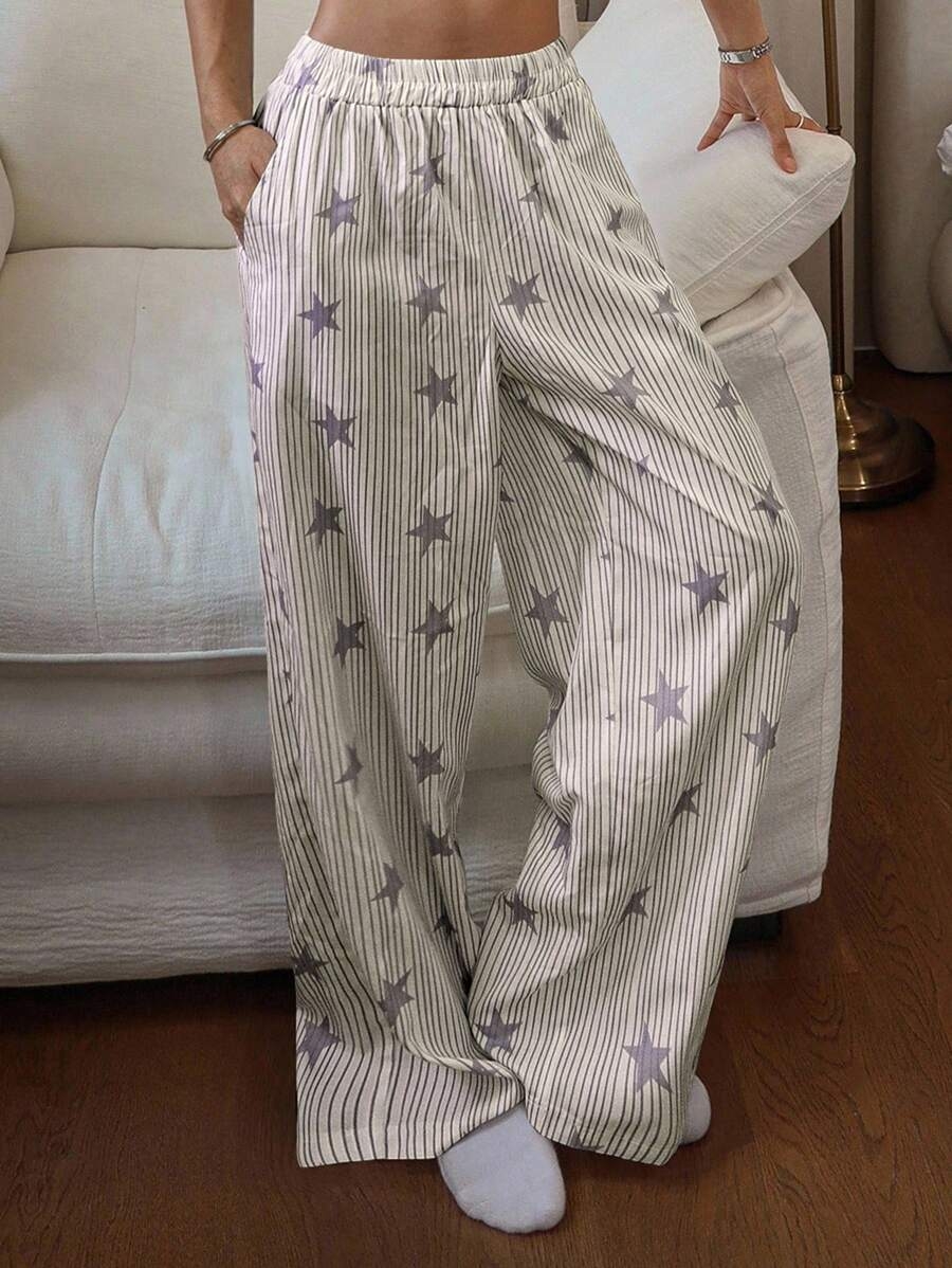 DAZY Striped & Star Print Loose Women Pajama Bottoms, Fall - Image 36