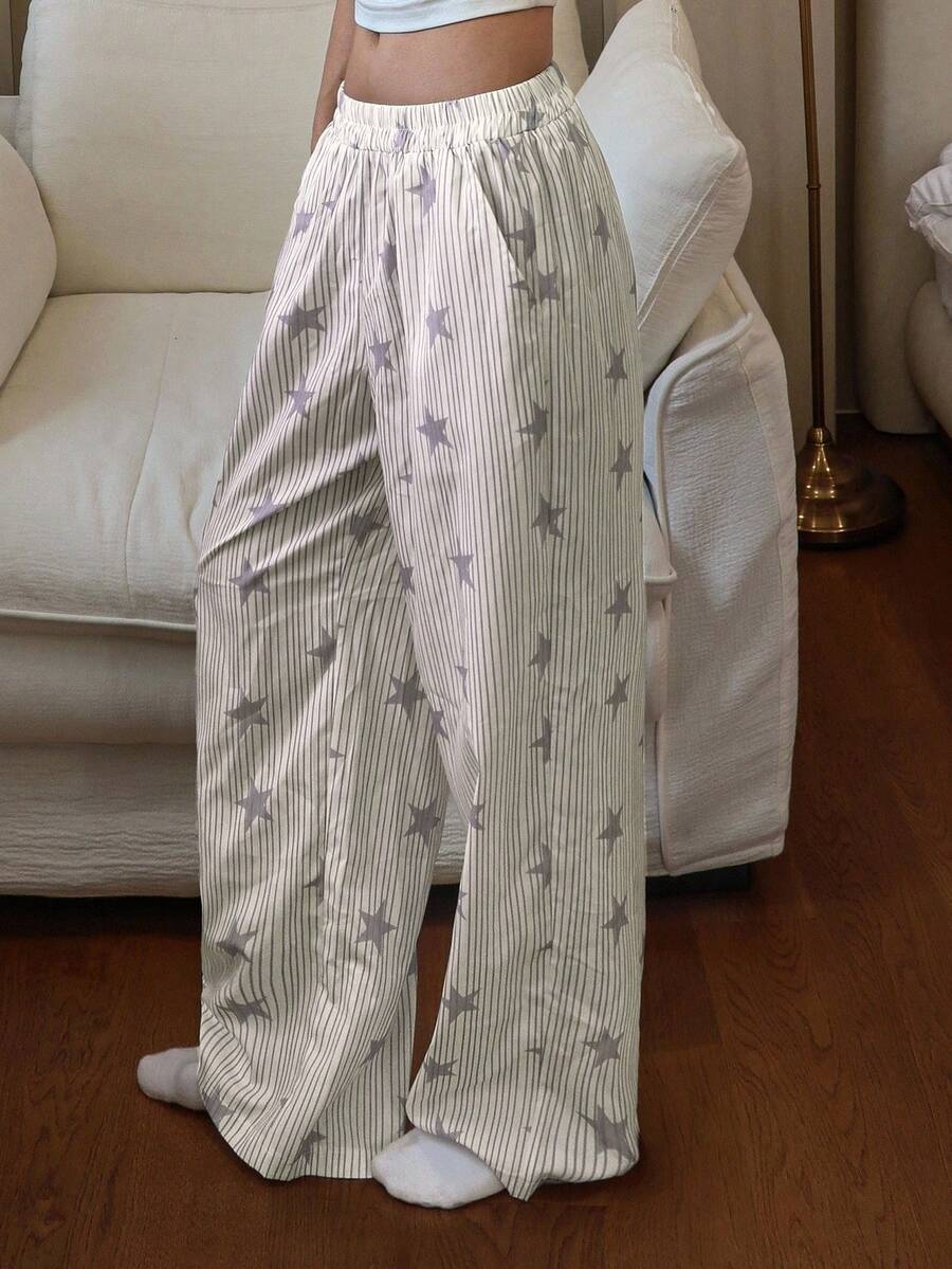 DAZY Striped & Star Print Loose Women Pajama Bottoms, Fall - Image 37