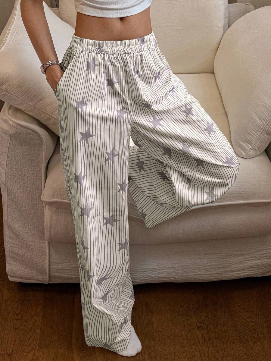 DAZY Striped & Star Print Loose Women Pajama Bottoms, Fall - Image 38