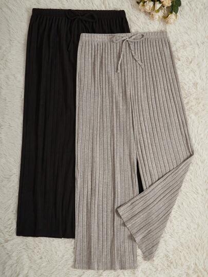 2pcs Simple Solid Color Ultra-Soft Thin Rib Fabric Loose Casual Slimming Plus Size Straight Leg Pants, Spring/Autumn, Fall Clothes