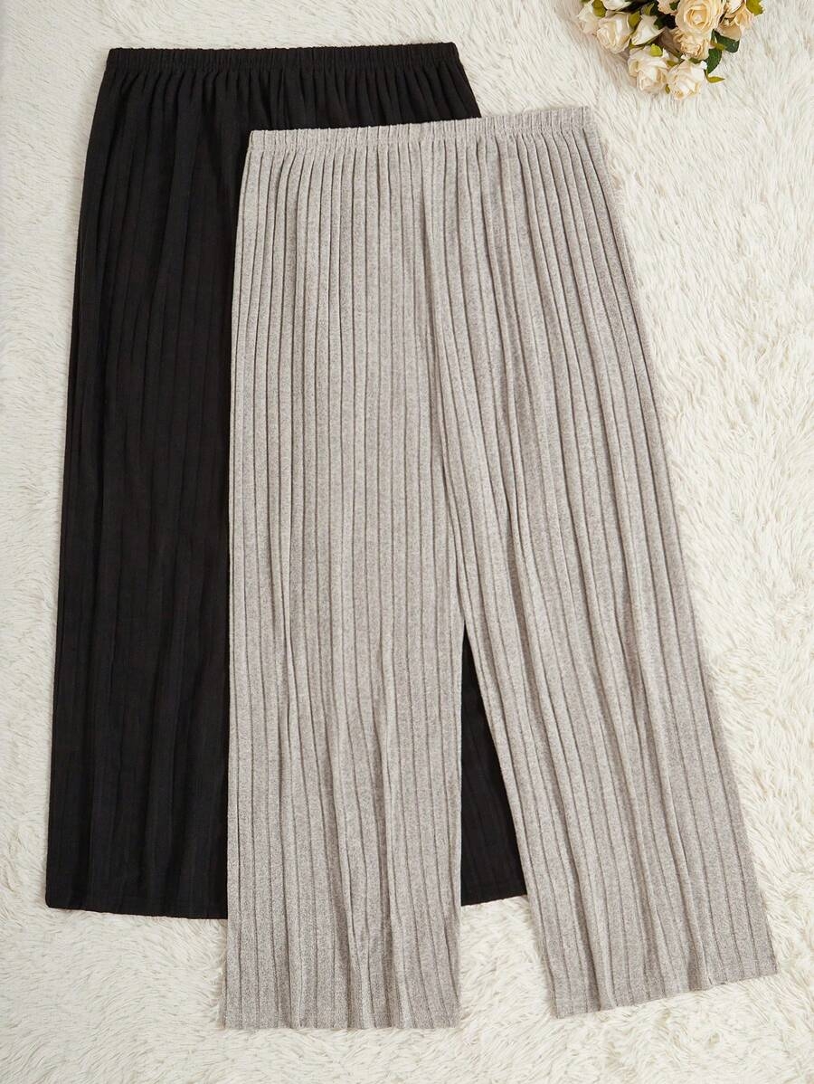 2pcs Simple Solid Color Ultra-Soft Thin Rib Fabric Loose Casual Slimming Plus Size Straight Leg Pants, Spring/Autumn, Fall Clothes - Image 4