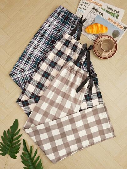 3pcs Plaid Patterned Pants Pajama Set, Fall Clothes