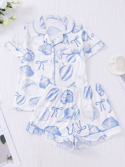 2pcs/Set Women's Ocean Shell Print Pajamas Set, Short Sleeve Shirt With Collar & Button, And Elastic Waist Shorts, Suitable For Holiday Party, Casual Everyday Indoor & Outdoor Wear