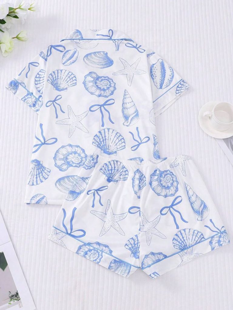 2pcs/Set Women's Ocean Shell Print Pajamas Set, Short Sleeve Shirt With Collar & Button, And Elastic Waist Shorts, Suitable For Holiday Party, Casual Everyday Indoor & Outdoor Wear - Image 3