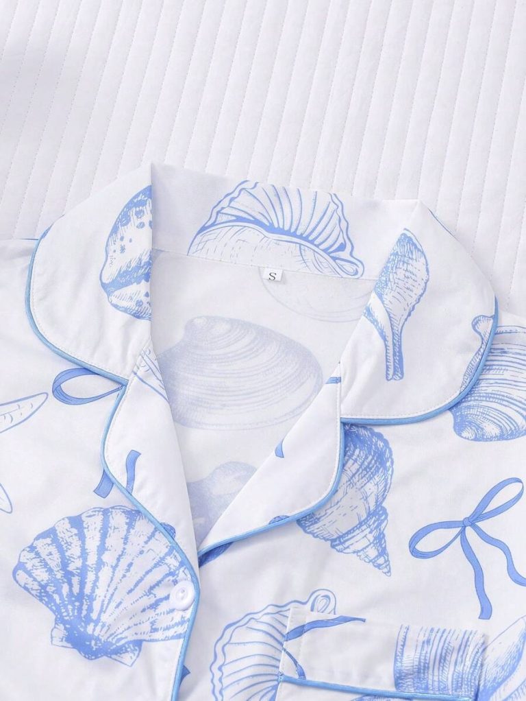 2pcs/Set Women's Ocean Shell Print Pajamas Set, Short Sleeve Shirt With Collar & Button, And Elastic Waist Shorts, Suitable For Holiday Party, Casual Everyday Indoor & Outdoor Wear - Image 4