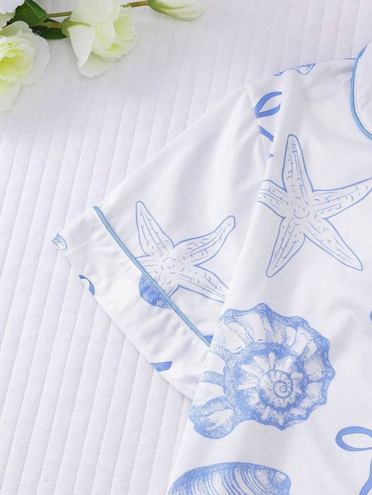 2pcs/Set Women's Ocean Shell Print Pajamas Set, Short Sleeve Shirt With Collar & Button, And Elastic Waist Shorts, Suitable For Holiday Party, Casual Everyday Indoor & Outdoor Wear - Image 5