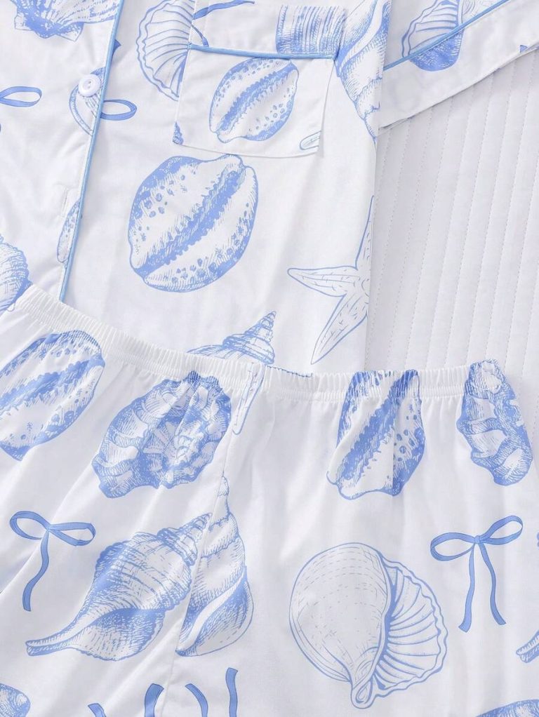 2pcs/Set Women's Ocean Shell Print Pajamas Set, Short Sleeve Shirt With Collar & Button, And Elastic Waist Shorts, Suitable For Holiday Party, Casual Everyday Indoor & Outdoor Wear - Image 8