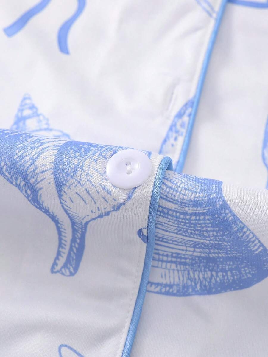 2pcs/Set Women's Ocean Shell Print Pajamas Set, Short Sleeve Shirt With Collar & Button, And Elastic Waist Shorts, Suitable For Holiday Party, Casual Everyday Indoor & Outdoor Wear - Image 9