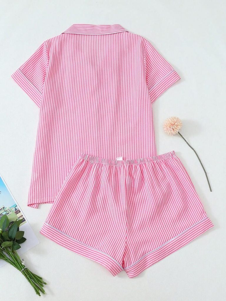 2pcs Striped Print Short Sleeve Top & Shorts Women Pajama Set, Cool Light Blue - Image 3