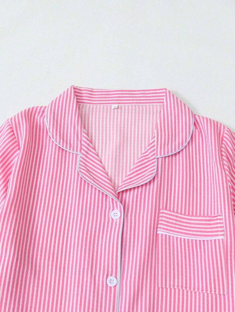 2pcs Striped Print Short Sleeve Top & Shorts Women Pajama Set, Cool Light Blue - Image 4