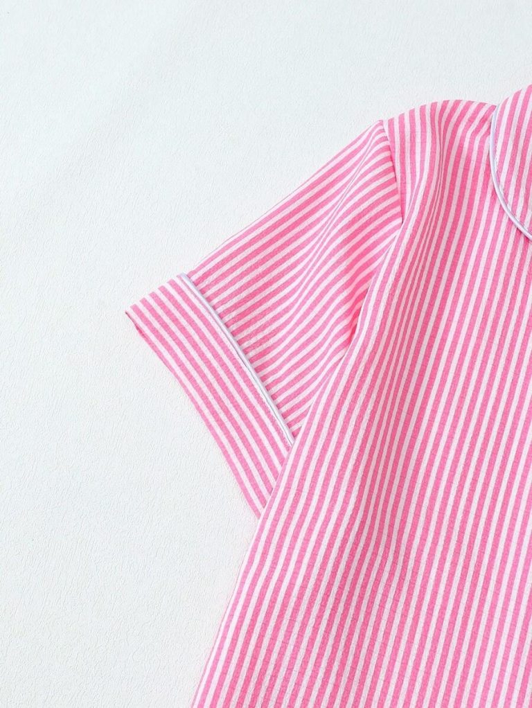 2pcs Striped Print Short Sleeve Top & Shorts Women Pajama Set, Cool Light Blue - Image 5