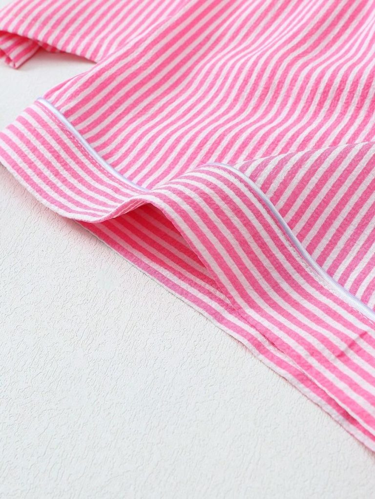 2pcs Striped Print Short Sleeve Top & Shorts Women Pajama Set, Cool Light Blue - Image 9