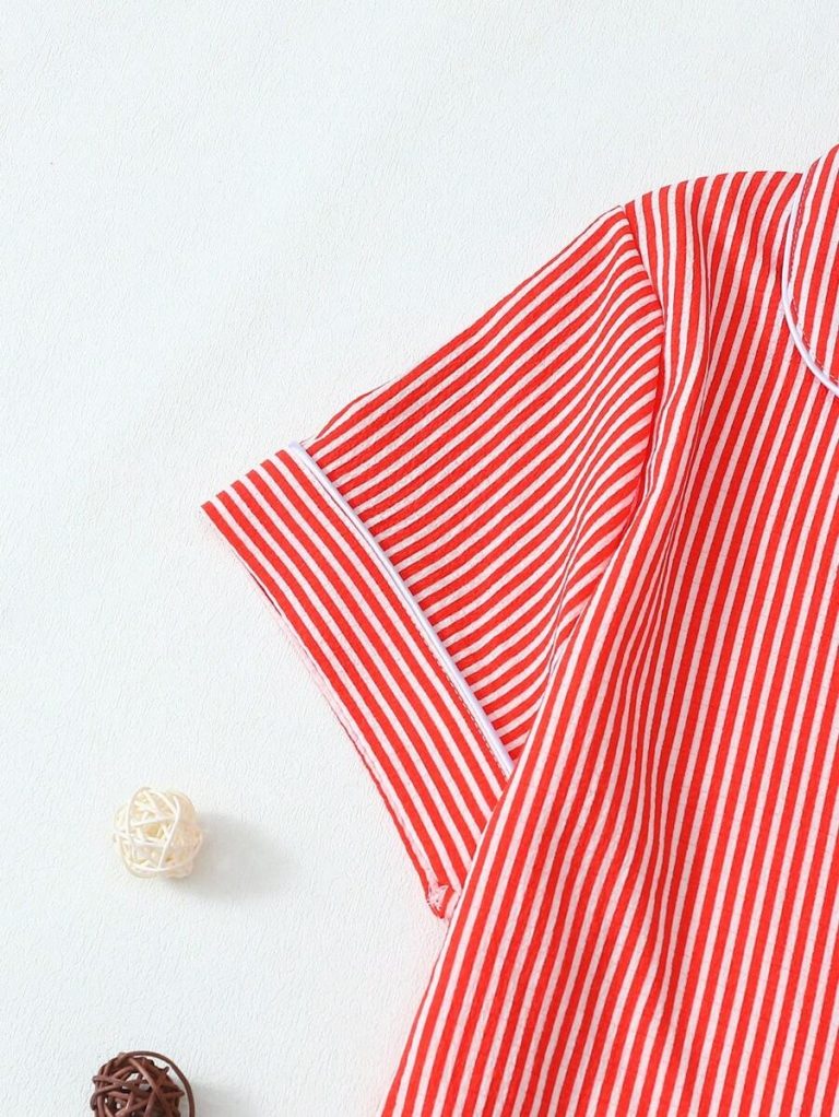 2pcs Striped Print Short Sleeve Top & Shorts Women Pajama Set, Cool Light Blue - Image 13