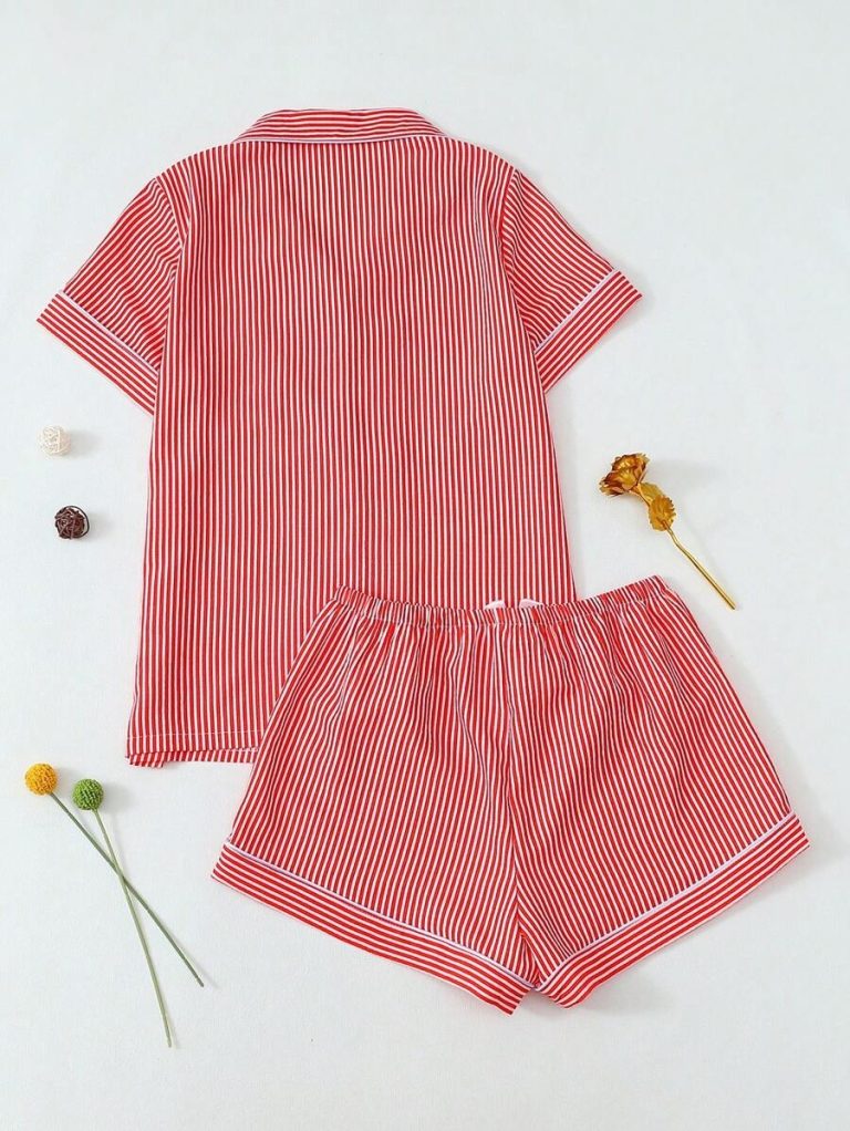 2pcs Striped Print Short Sleeve Top & Shorts Women Pajama Set, Cool Light Blue - Image 16