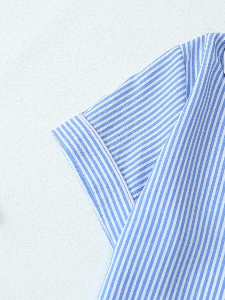 2pcs Striped Print Short Sleeve Top & Shorts Women Pajama Set, Cool Light Blue - Image 19