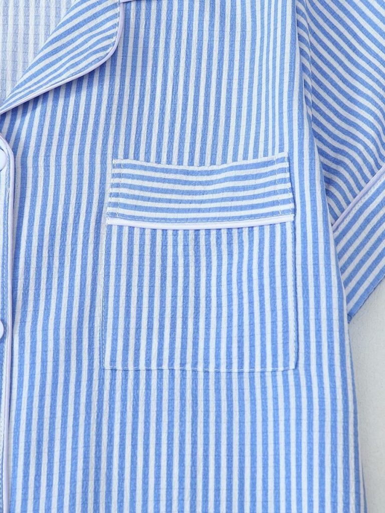 2pcs Striped Print Short Sleeve Top & Shorts Women Pajama Set, Cool Light Blue - Image 20