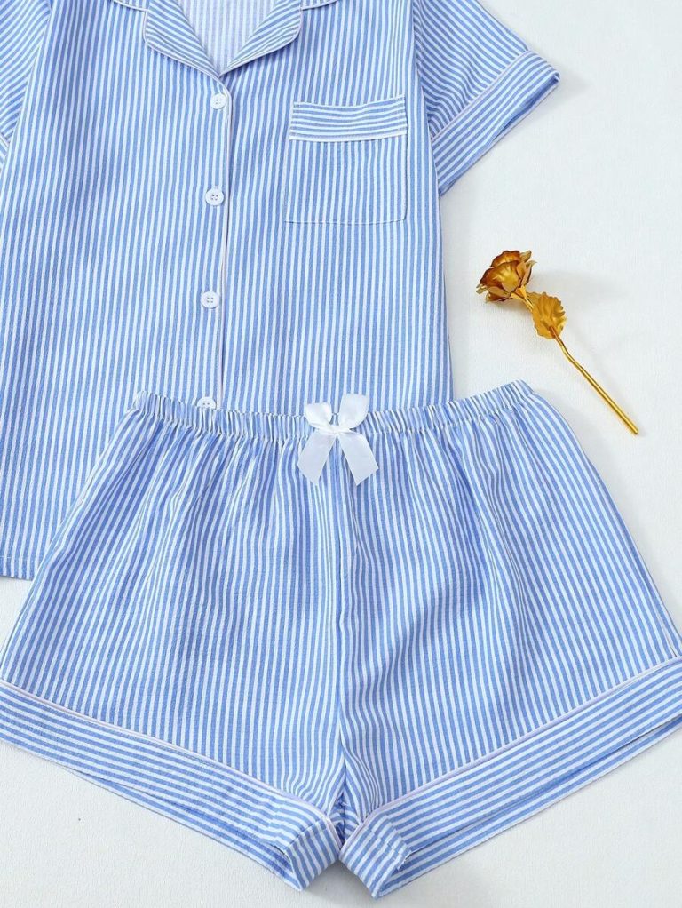 2pcs Striped Print Short Sleeve Top & Shorts Women Pajama Set, Cool Light Blue - Image 21