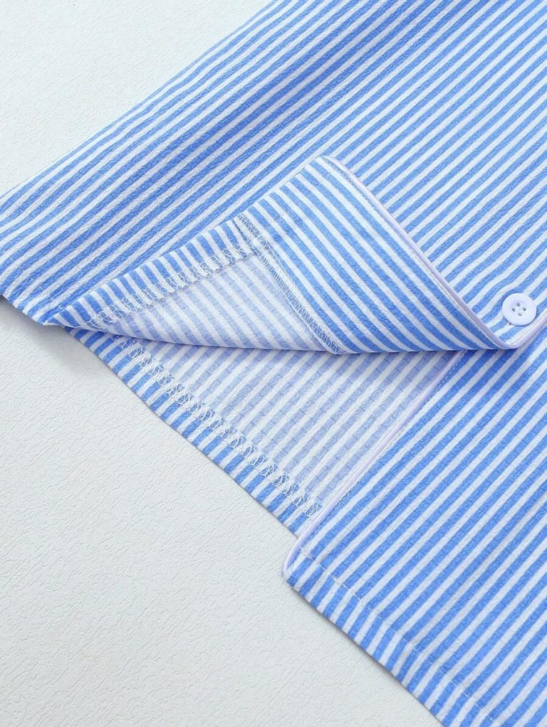 2pcs Striped Print Short Sleeve Top & Shorts Women Pajama Set, Cool Light Blue - Image 23