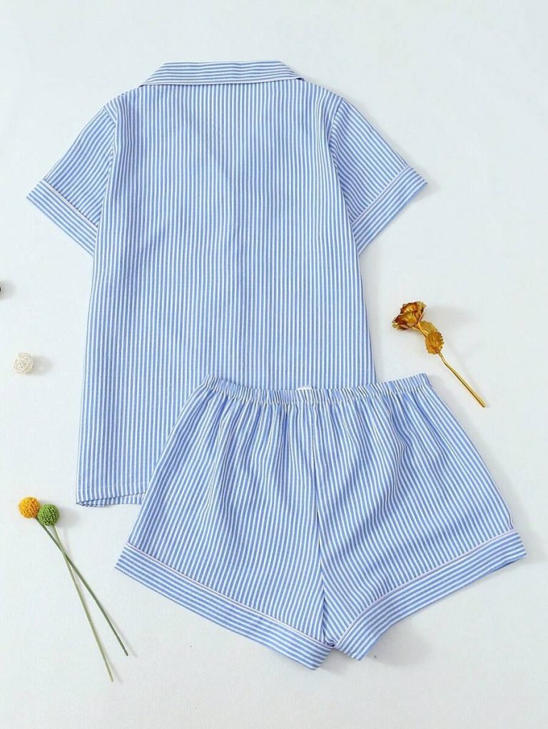 2pcs Striped Print Short Sleeve Top & Shorts Women Pajama Set, Cool Light Blue - Image 24
