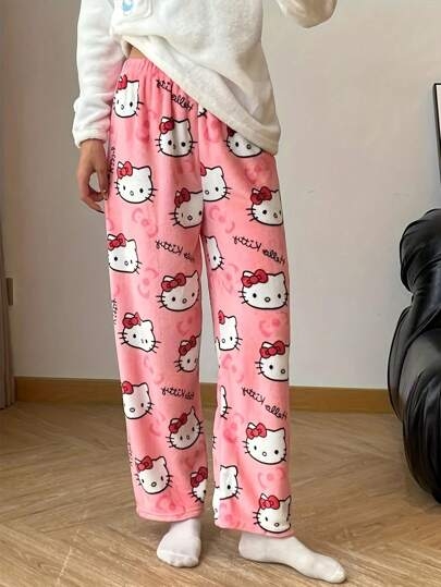 Sanrio Sanrio Cozy Hello Kitty Flannel Pajama Pants - Pink Sleepwear, Home Casual Lounge Pants, Autumn/Winter Flannel Trousers, Suitable For Couples Or Friends, For Fall Winter