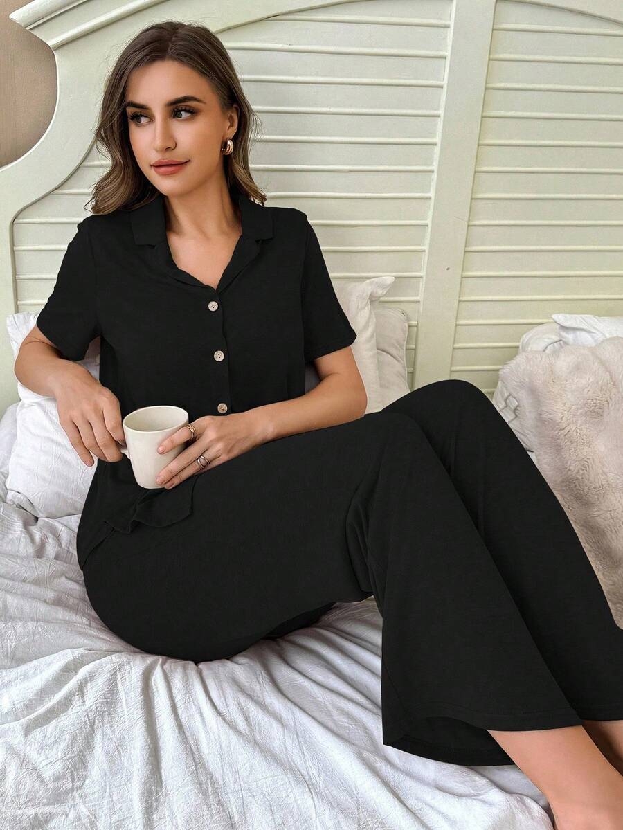 SHEIN Soft & Skin-Friendly Cardigan Button Closure Unisex Casual Pajama Set - Image 7