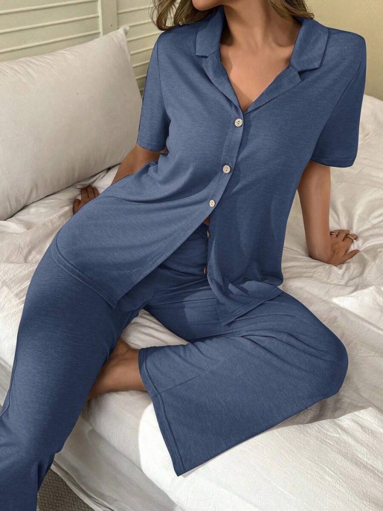 SHEIN Soft & Skin-Friendly Cardigan Button Closure Unisex Casual Pajama Set - Image 11