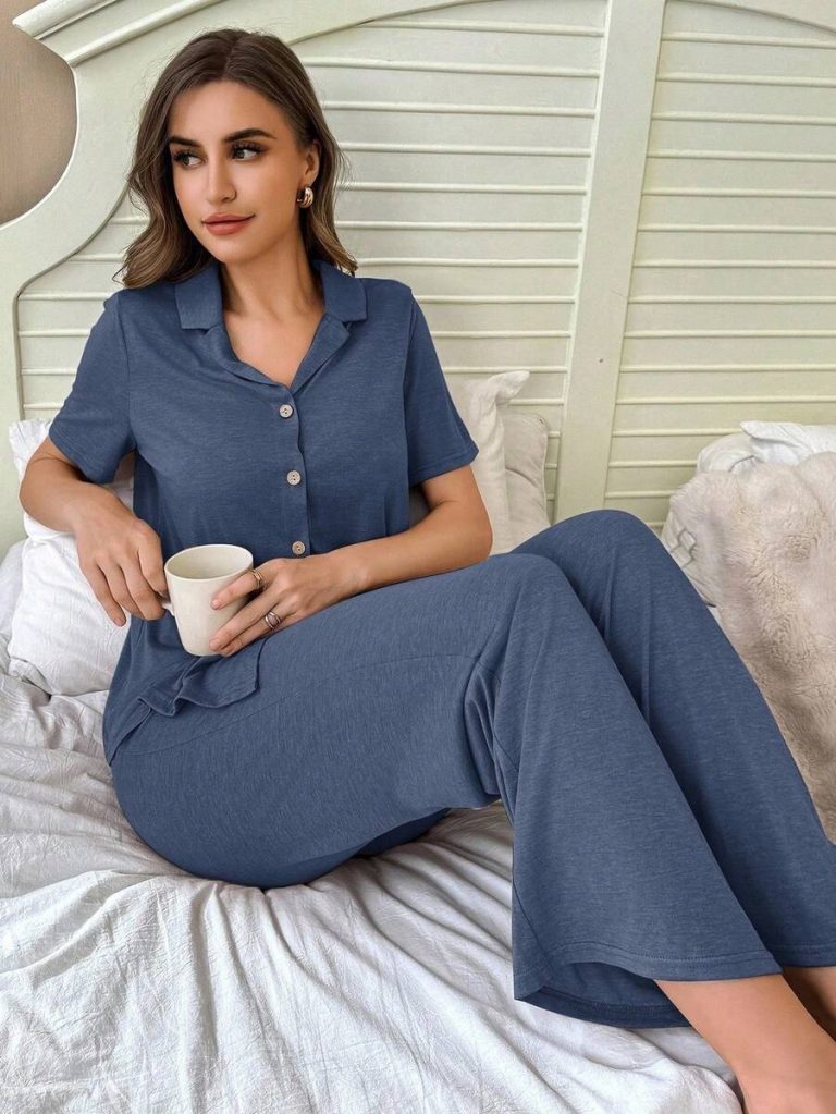 SHEIN Soft & Skin-Friendly Cardigan Button Closure Unisex Casual Pajama Set - Image 12