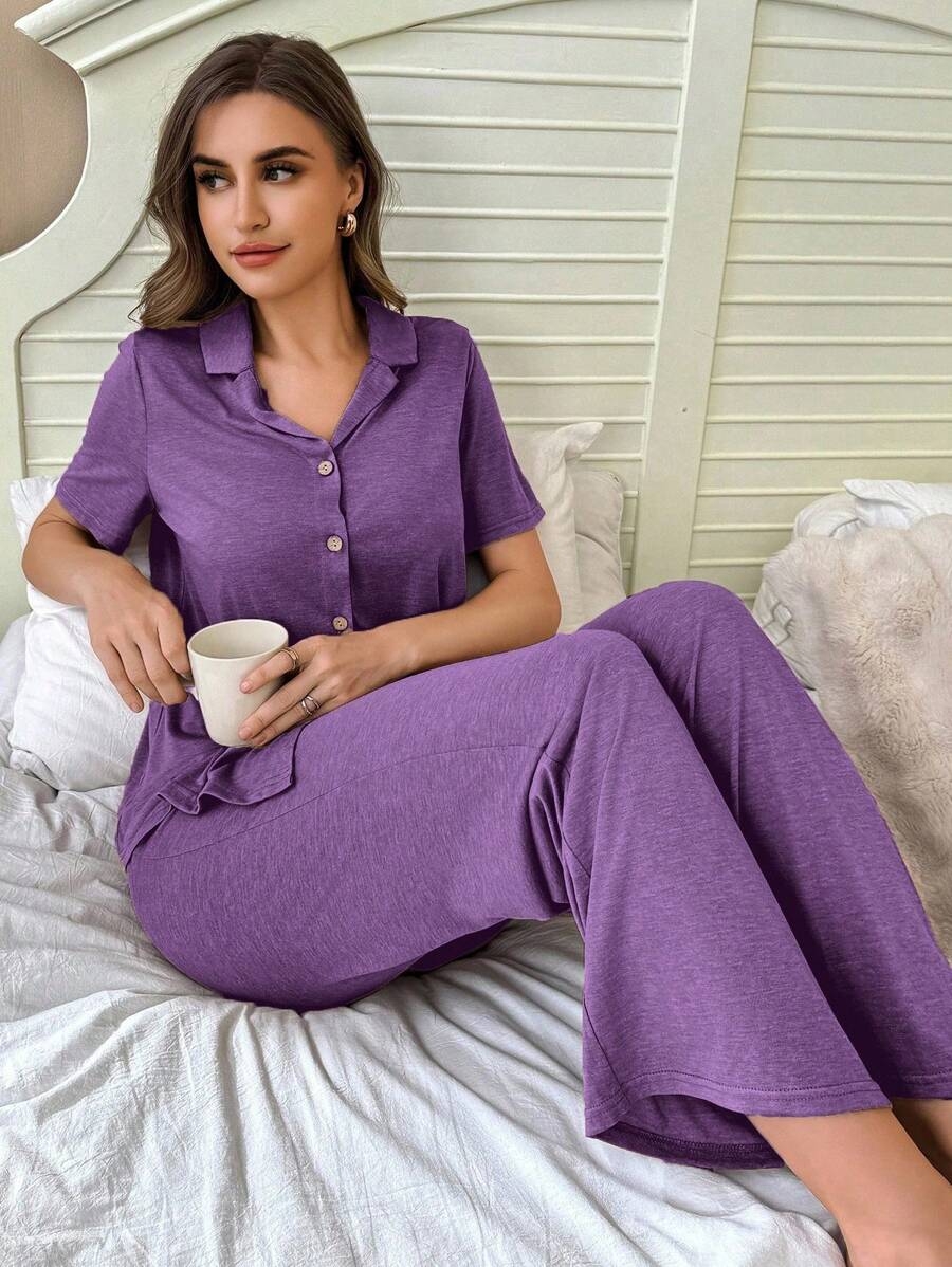 SHEIN Soft & Skin-Friendly Cardigan Button Closure Unisex Casual Pajama Set - Image 28