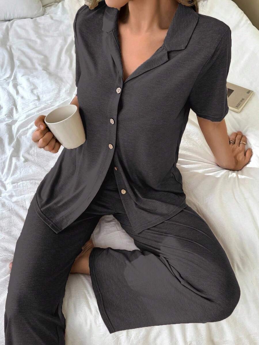 SHEIN Soft & Skin-Friendly Cardigan Button Closure Unisex Casual Pajama Set - Image 32