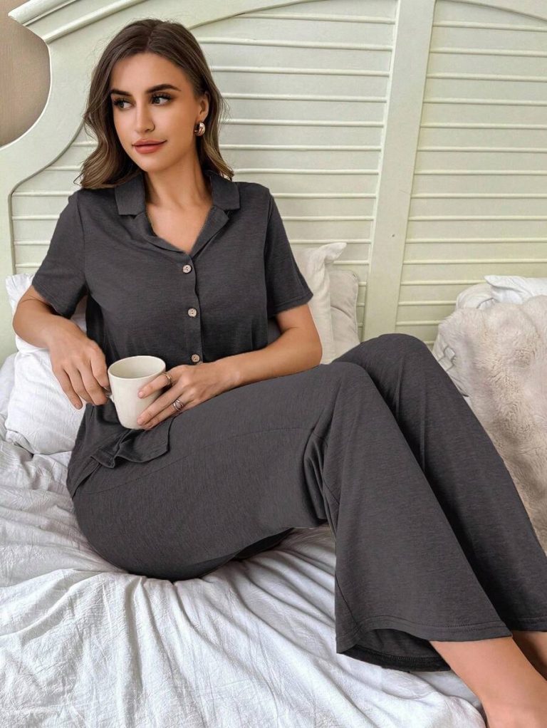 SHEIN Soft & Skin-Friendly Cardigan Button Closure Unisex Casual Pajama Set - Image 34