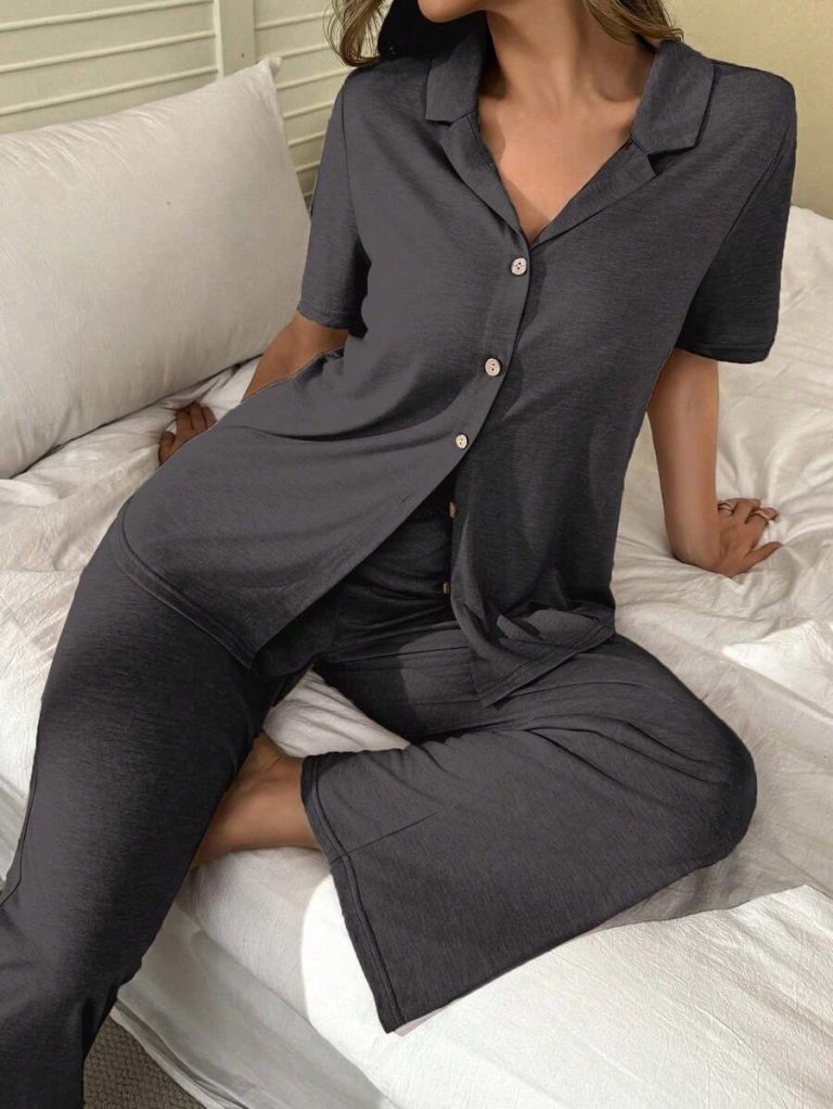 SHEIN Soft & Skin-Friendly Cardigan Button Closure Unisex Casual Pajama Set - Image 36